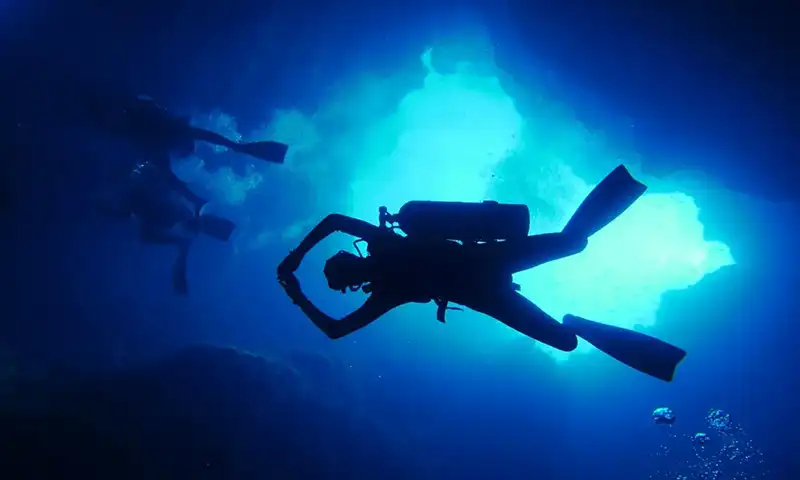 水中でポーズをするダイバー